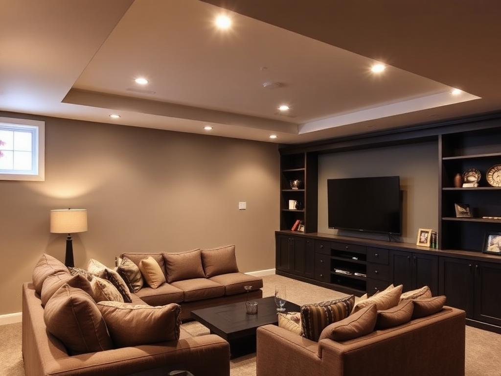Finished basement family room with built-in shelving and recessed lighting