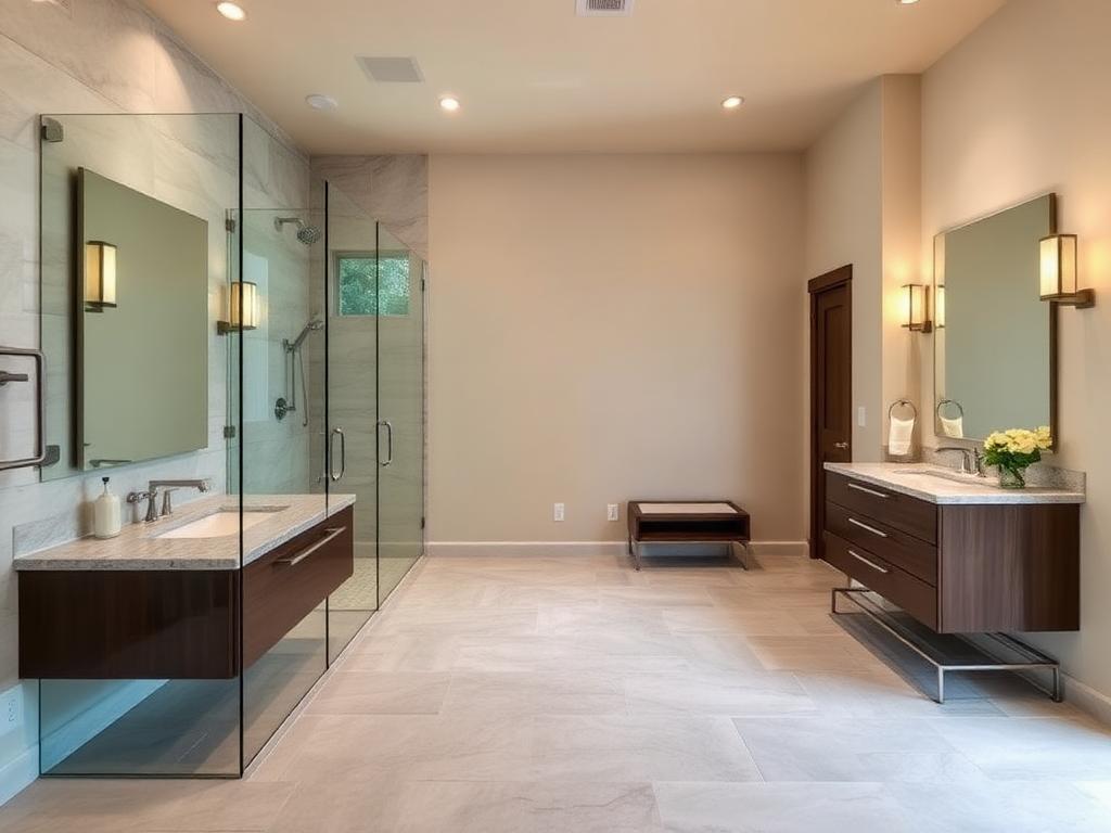 Renovated master bathroom with frameless glass shower, stone tile and floating vanities