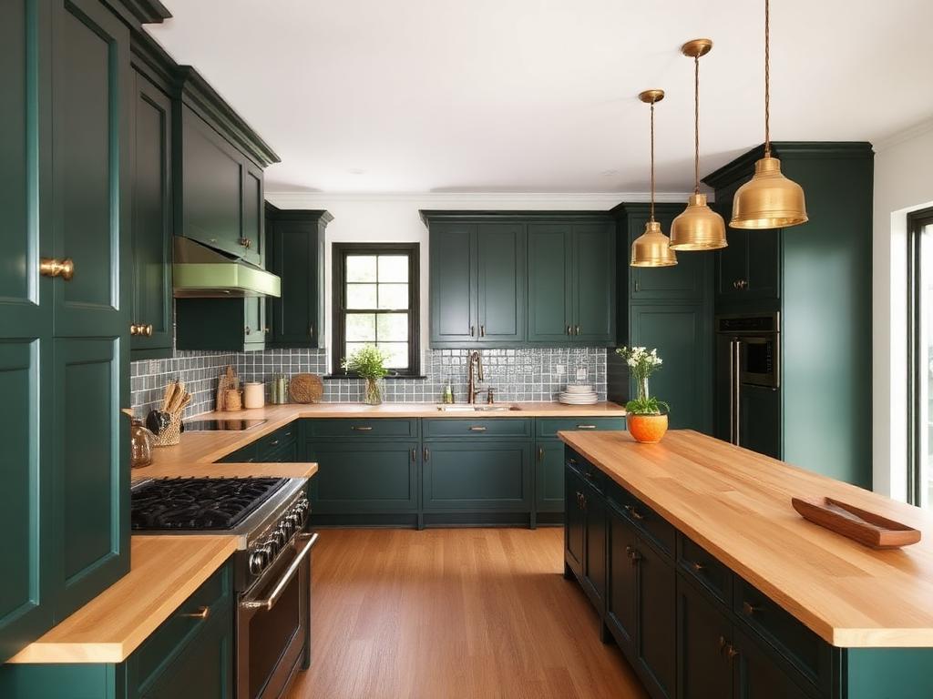 Remodeled kitchen with deep green cabinetry, butcher block counters and brass pendant lights