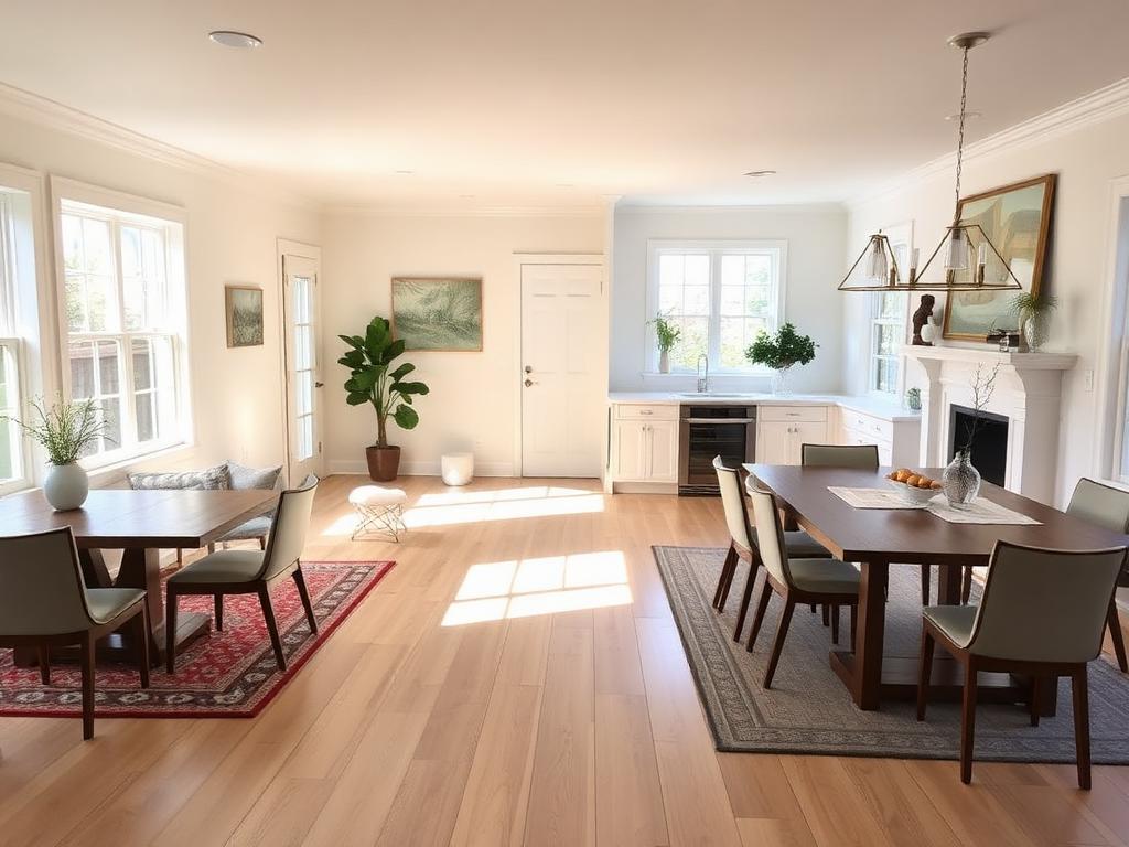 Bright open living and dining space after a whole-home remodel